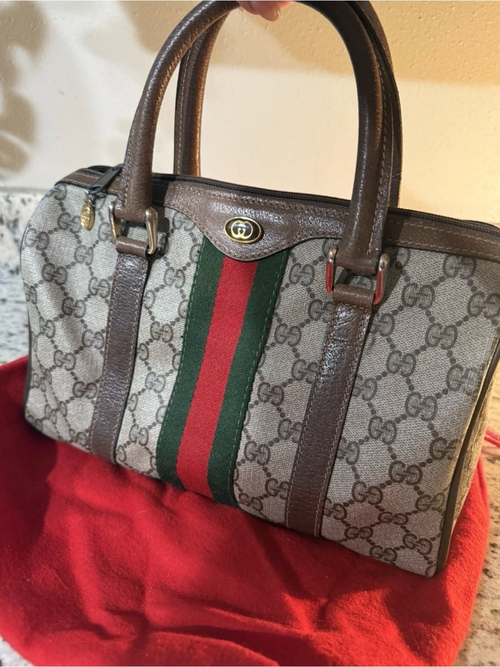 Gucci Brown GG Canvas Satchel with Green and Red Stripe